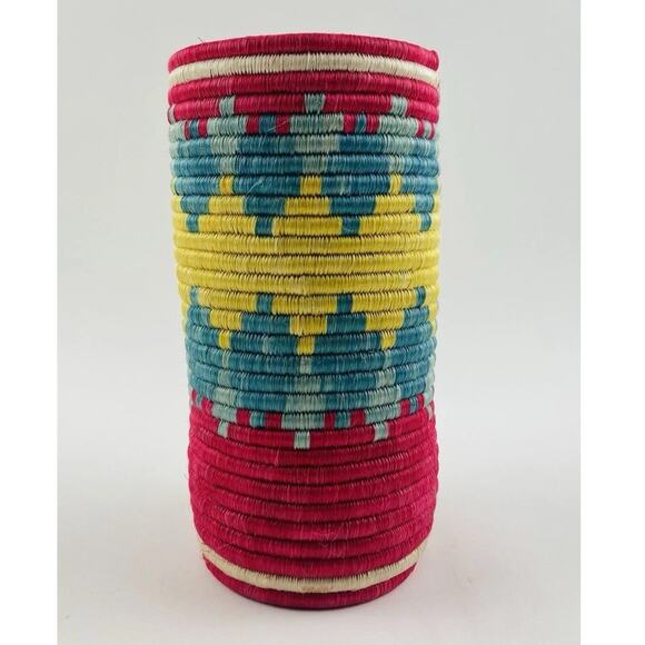Handmade Coil Weave Basket Tall Colorful Made in Rwanda No Lid Pink Yellow Blue - Picture 1 of 9